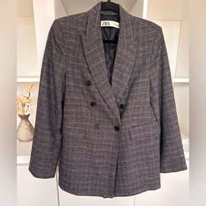 Zara Women's Charcoal Checkered Double Breasted Blazer Jacket